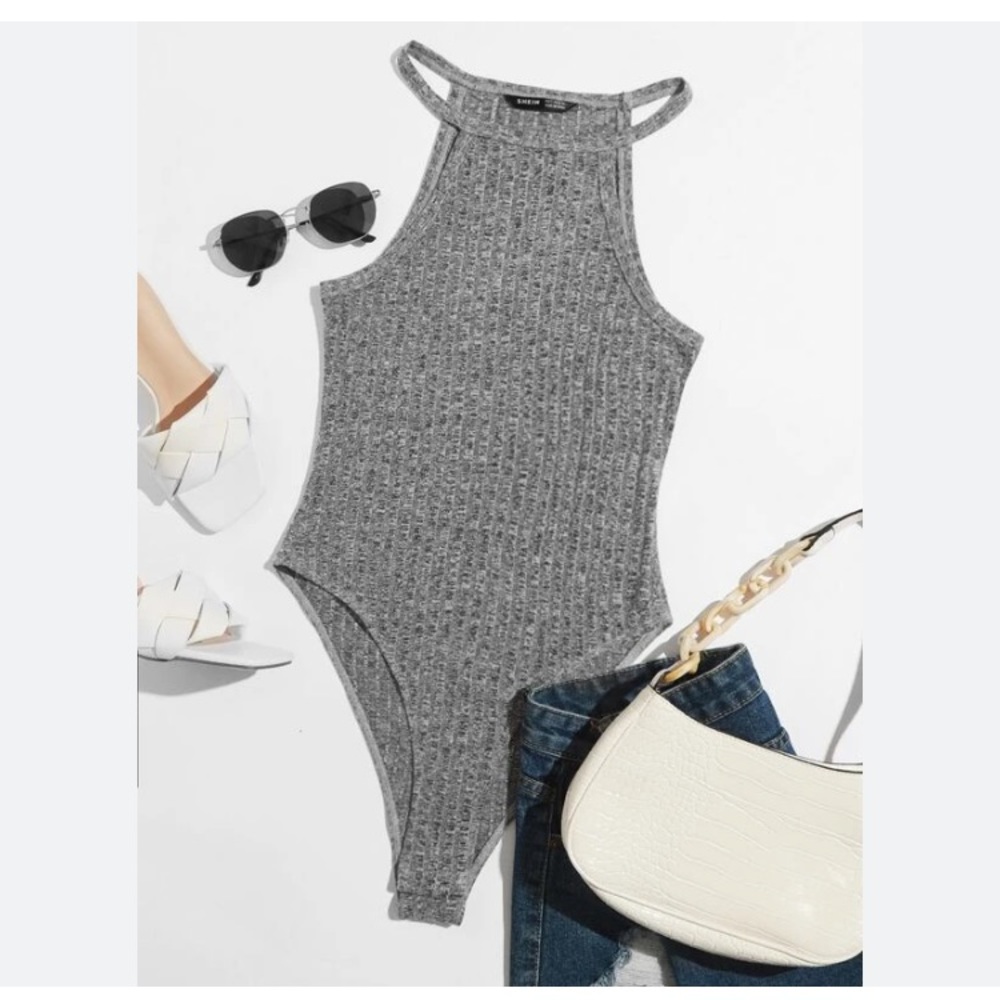 SHEIN NWOT Women’s Racer Back High Cut Leg Grey Rib-Knit Bodysuit. Size L (8-10)